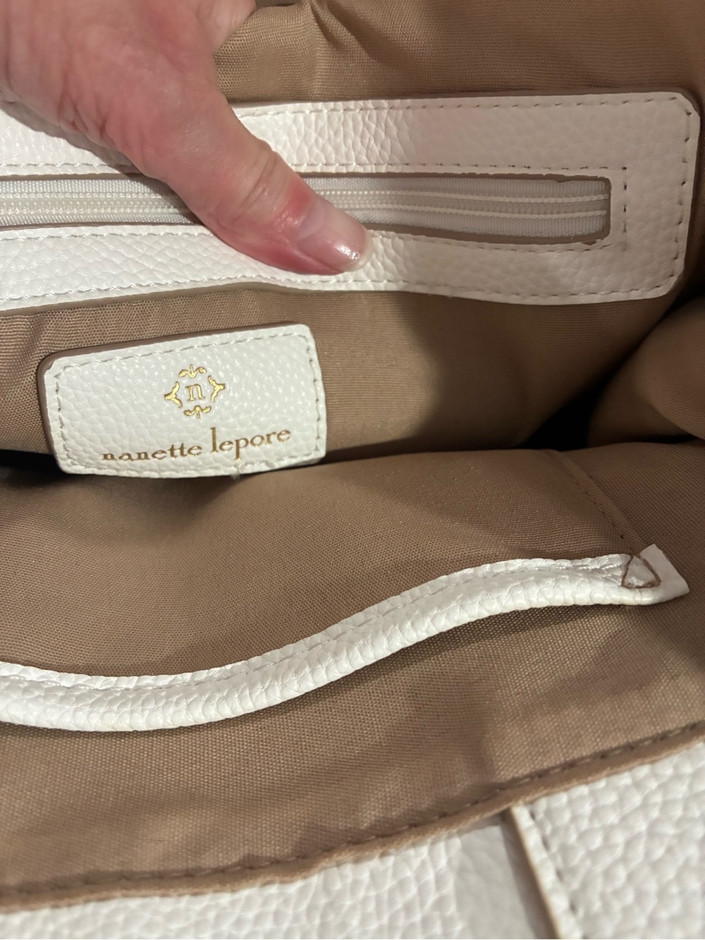 Nanette Lepore White Canvas Tote with Blue Floral Print and Orange Charm - Picture 3 of 4